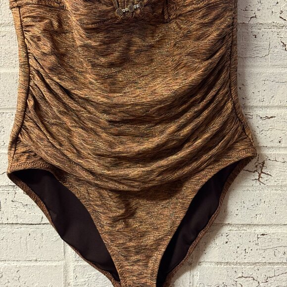 Anne Cole Halter One-Piece Swimsuit 16 | Bronze Metallic Ruched Retro Glam Suit - Picture 3 of 11